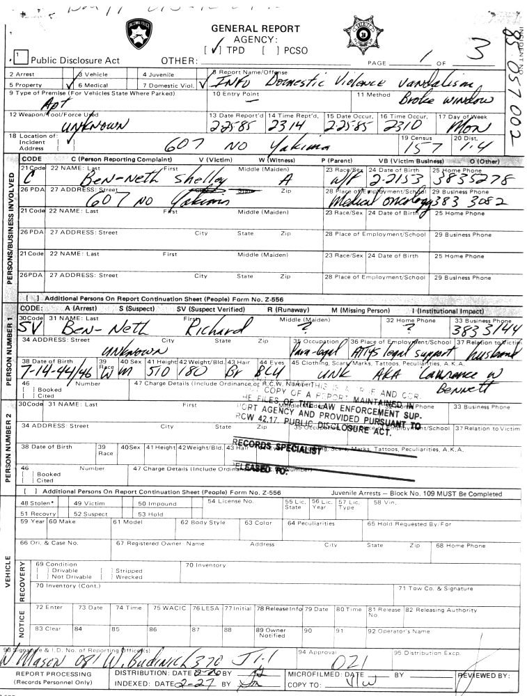 Tacoma Police Department case # 85-057-002 Shelley Ben-Neth Richard Ben-Neth Richard Wayne Bennett